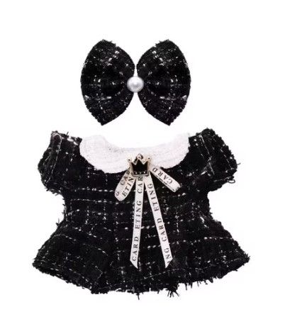 Photo 1 of 17cm Doll Clothes for labubu - Luxury Chic Style Set for 17cm Dolls, Premium Doll Outfit with Accessories - Black Plaid Tweed Dress + White Necktie + Plaid Bow (Clothes Only)