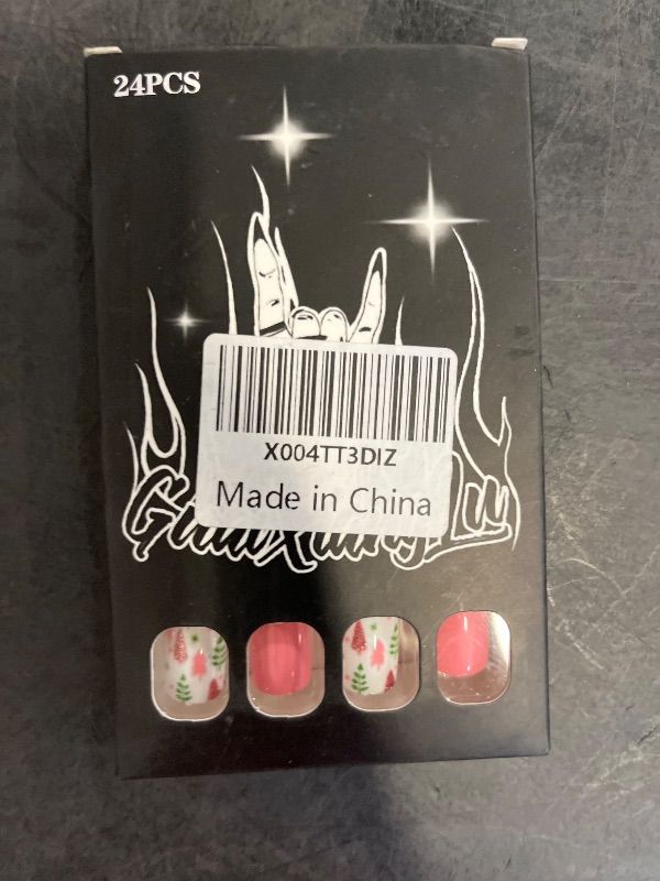 Photo 1 of Christmas Press on Nails Short Square Fake Nails with Design Purple Glitter Glue on False Nails Pink Acrylic Christmas Nails Full Cover Nail Art for Women 24 Pcs