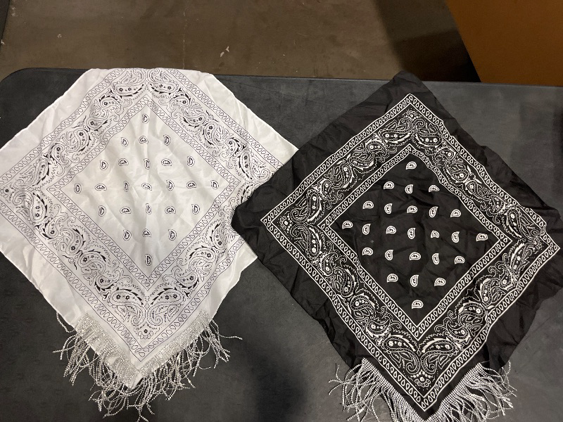 View 2 of 2PCS Black White Western Bandana Womens Boho Neck Scarf Fringe Rhinestone Bling Tassel Bachelorette Paisley Bandanas Neckerchief Bulk Set