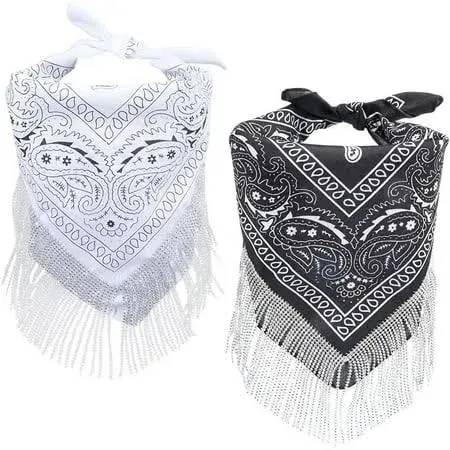 View 1 of 2PCS Black White Western Bandana Womens Boho Neck Scarf Fringe Rhinestone Bling Tassel Bachelorette Paisley Bandanas Neckerchief Bulk Set