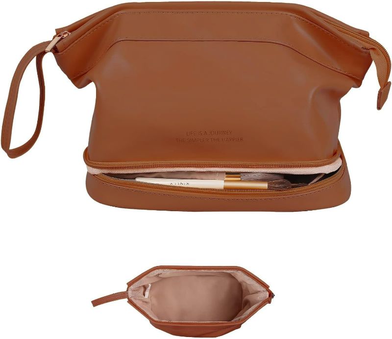 Photo 1 of GRINKO Travel Makeup Bag, Large Capacity Toiletry Bag, Portable Pouch Cosmetic Bags for Women, PU Leather Waterproof Make up Organizer Bag Camel