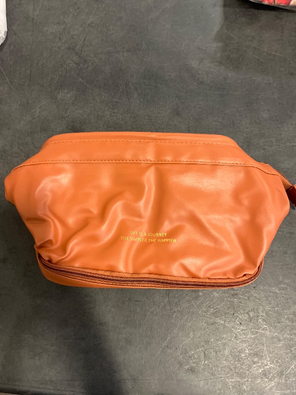 Photo 1 of GRINKO Travel Makeup Bag, Large Capacity Toiletry Bag, Portable Pouch Cosmetic Bags for Women, PU Leather Waterproof Make up Organizer Bag Camel