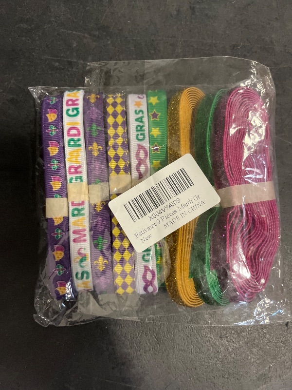 Photo 1 of 9 Pieces Mardi Gras Ribbons 3/8" Wide Purple Green Grosgrain Ribbon Fleur de Lis Ribbon Fat Tuesday Mask Stars Craft Ribbons for Gift Wrapping Mardi Gras Masquerade Party Decor, 27 Yards