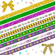 Photo 1 of 9 Pieces Mardi Gras Ribbons 3/8" Wide Purple Green Grosgrain Ribbon Fleur de Lis Ribbon Fat Tuesday Mask Stars Craft Ribbons for Gift Wrapping Mardi Gras Masquerade Party Decor, 27 Yards