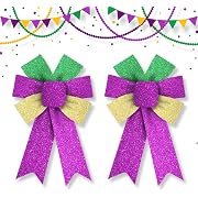 View 1 of 2 Pieces Mardi Gras Bows for Wreath, Fat Tuesday Wreath Bows Glitter Green Purple Gold Bows New Orleans Holiday Craft Bows for Front Door Carnival Masquerade Cosplay Party Decor Supplies