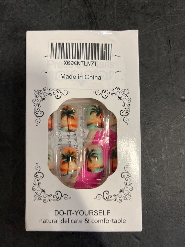 Photo 1 of YIHONGYAN Ocean Press on Nails Square Short Spring Fake Nails Press ons Orange Nail Tips Artificial Acrylic Kit Full Cover False Nails with Coconut Tree Glossy Design Stick on Nail for Women 24Pcs