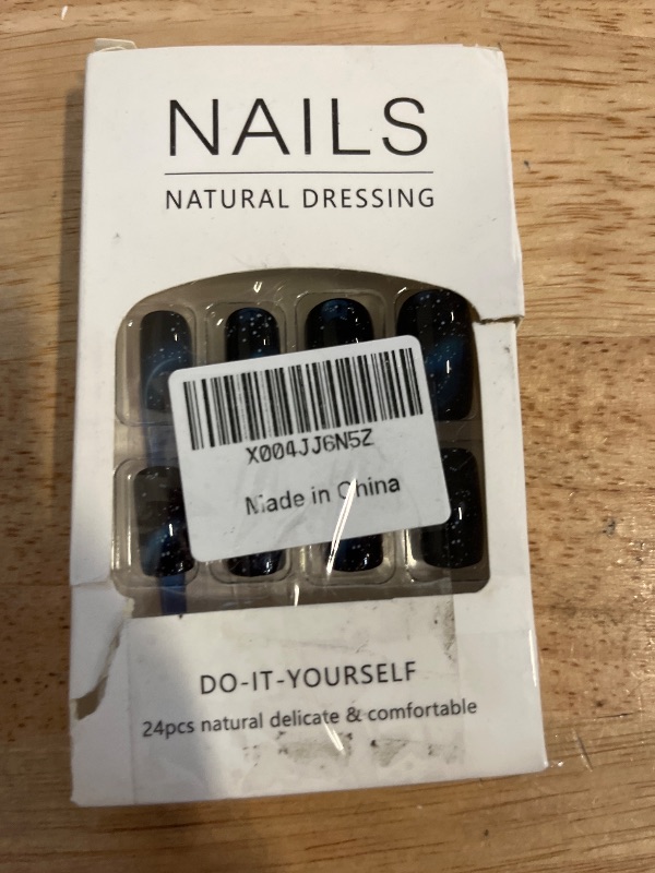 Photo 1 of YIHONGYAN Blue Press on Nails Medium Square Spring Artificial Acrylic Nail Art Kit Fake Nails Press ons Nail Tips Full Cover False Nails Black Starry Sky Stick on Nails Kit for Women 24Pcs