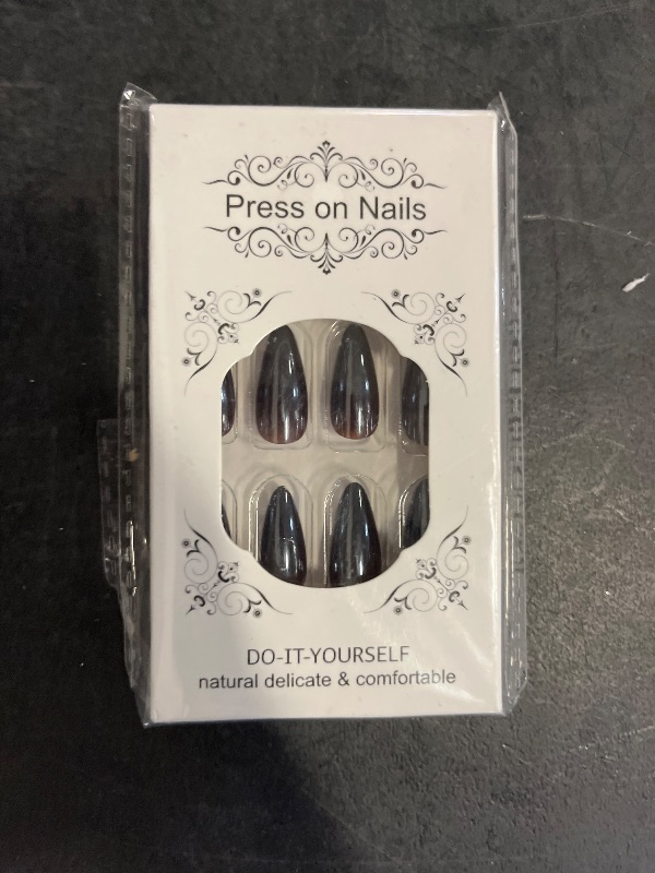 Photo 1 of Black Chrome Press on Nails Medium Almond, Stiletto Fake Nails with Bling Design, Glossy Mirror Metal Acrylic False Nails Stick on Nails for Women Girls, Gel Glue on Nails for Daily Party Wear