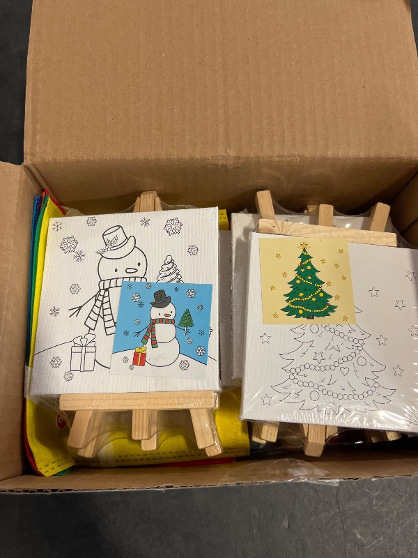 Photo 1 of Aneco 6 Packs 4 x 4 Inch Mini Christmas Canvases for Painting with Easels Aprons Canvas Tote Bags Brushes Palettes Stretched Canvas Painting Set Xmas Supplies Kit for Acrylic Oil Paint Party