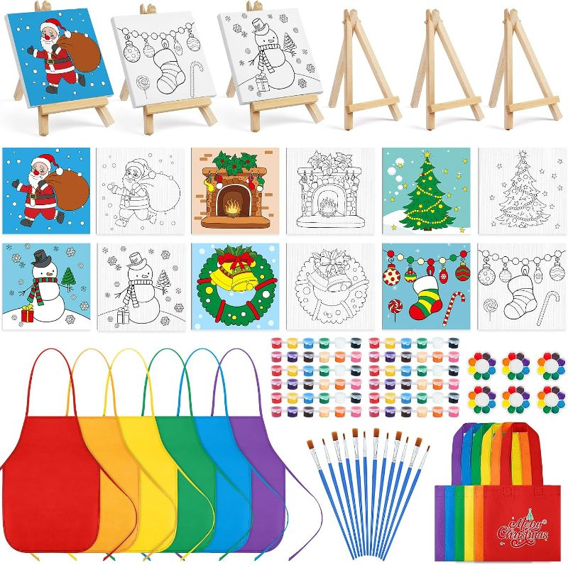 Photo 1 of Aneco 6 Packs 4 x 4 Inch Mini Christmas Canvases for Painting with Easels Aprons Canvas Tote Bags Brushes Palettes Stretched Canvas Painting Set Xmas Supplies Kit for Acrylic Oil Paint Party