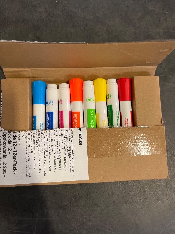 Photo 1 of Amazon Basics Dry Erase Whiteboard Markers, Chisel Tip, Low-Odor, Assorted Colors, 12-Pack, Erase Easily