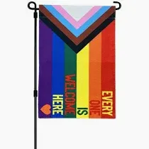 View 1 of FLAGWIN Progress Pride Flags EVERYONE IS WELCOME HERE 12x18 LGBTQ Garden Rainbow Pride Flag with Vivid Color and Durable Nylon, Inclusive Gay Outdoor Flag for Yard Lawn or Room?Stand not included)
