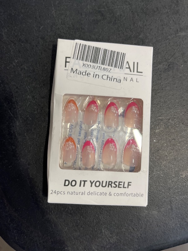 Photo 1 of Press on Nails Almond False Nails Full Cover with Flower Designs Acrylic Nail Short French Tip Sticks on Nail for Women Girls Nails Supplies Decorations 24pcs