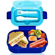 Photo 1 of DifaBella Kids Lunch Box with Antispill Lid, Bento Box for Kids with 4 Compartments BPA-Free Plastic, Spoon & Fork Included, Compact and Colorful Meal Container (Blue), 8.66 x 5.9 x 2.7