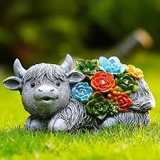 Photo 1 of Nacome Solar Garden Statues Highland Cow with Succulent and 6 LED Lights - Lawn Decor for Patio Balcony Yard Ornaments - Birthday Gifts Mom Grandma Women(Grey)