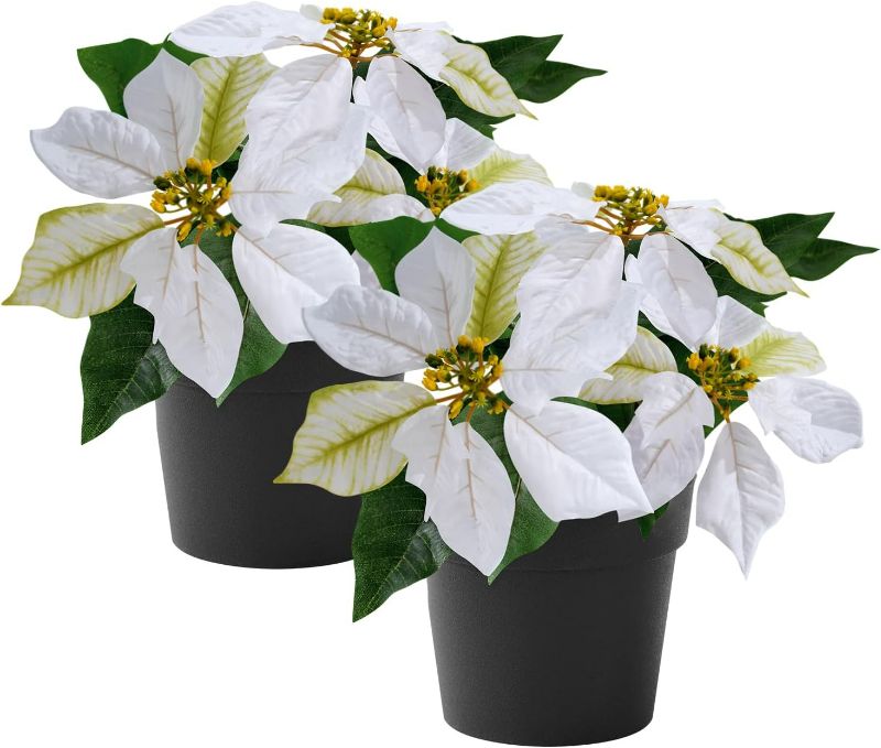 Photo 1 of MELAJIA Poinsettias Artificial Christmas Flowers Tabletop 2 Pack Small Poinsettia Plant Artificial 9 Inch Pink Faux Winter Flowers for Xmas Ornament Porch Home Garden Decorations