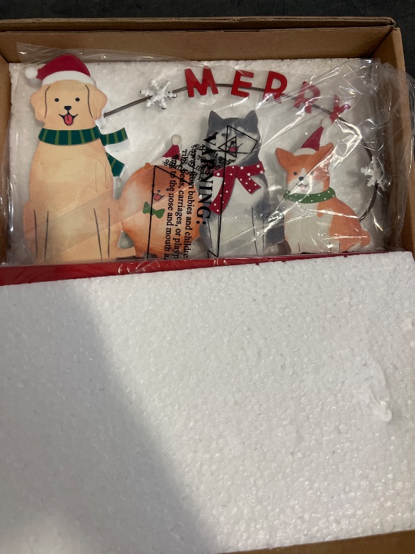 View 2 of Christmas Decorations for Home Merry Christmas Decor Wooden Cute Dog Sign with Iron Rustic Farmhouse Decorative Tabletop Block Indoor Xmas Party Holiday