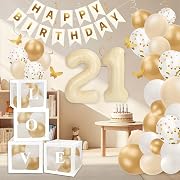Photo 1 of 21 Birthday Decorations for Her 66pcs Decor Kit (White Gold) | Happy 21th Birthday Banner Decorations Kit for Women with Number 21 Foil Balloon, White Gold Balloons & Butterfly Decals