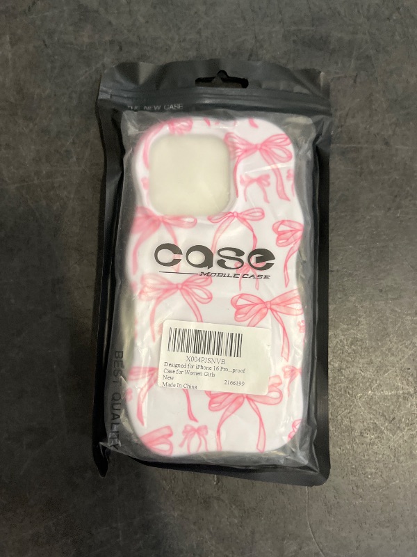 Photo 1 of Designed for iPhone 16 Pro Case Pink Bow Print Pattern, with Screen Protector, Cute Curly Wave Frame Phone Cover Durable TPU + Hard PC Shockproof Case for Women Girls