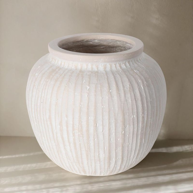 Photo 1 of Large Round Decorative Vase, 11" Distressed White Floor Rustic Vase