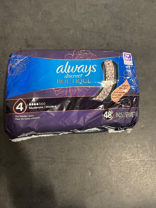 View 2 of Always Discreet Boutique Incontinence Pads, Size 4, Moderate Absorption, 48 Pads