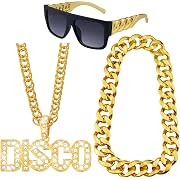 Photo 1 of 3 Pack 70s Party Chain Costumes Outit Fake Gold chain Disco Necklace Twist Leg Punk sunglasses 80s 90s Hip Hop Costumes for Men Women Rapper Accessories