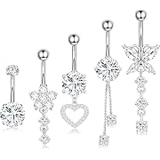 Photo 1 of Leocuci Surgical Stainless Steel Dangle Belly Button Rings for Women Belly Ring Dangling Piercing Jewelry with Heart Flower Butterfly14G