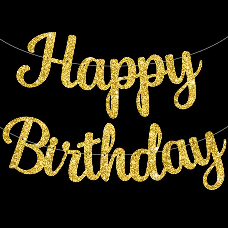 Photo 1 of BEISHIDA Gold Happy Birthday Banner - Pre-Strung Glitter Birthday Decorations, Sign, Garland & Backdrop gold