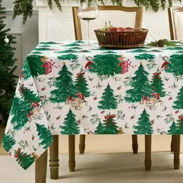 Photo 1 of Christmas Tablecloth Rectangle, Winter Christmas Trees Green Table Cloth, Washable Farmhouse Vintage Table Cover for Holiday Dinner Party, 60 x 84 Inch