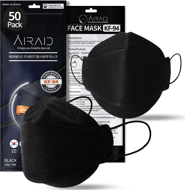 Photo 1 of 50 Pack AIRAID-KF94 [Individually Wrapped] - Made in Korea, 4-Layer Filter, 3D Face Mask, Black, White, Adult and Older Teens
