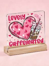 Photo 1 of 1Pc Valentines Day Decorations, Valentines Day Gifts For Her Him, Gift For Boyfriend Girlfriend, Pink Heart Bow Coffee Acrylic Sign For Anniversary Home Bedroom Office Shelf Desk Decor 4x4 Inch