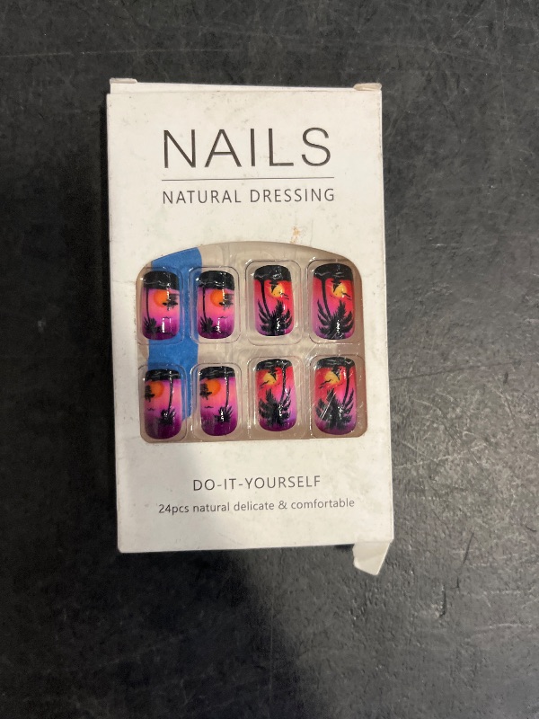 Photo 1 of Coconut Tree Press on Nails Medium Square Fake Nails with The Setting Sun Design Seagull Glue on Nails Beach False Nails Glossy Reusable Summer Nails for Women Girls Manicure 24pcs