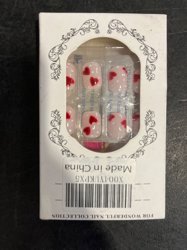 Photo 1 of Valentines Press on Nails Short Square Fake Nails Cute False Nails with Polka Dots Red Heart Designs Nude Pink Glue on Nail Petite Acrylic Nails for Women Girls 24Pcs
