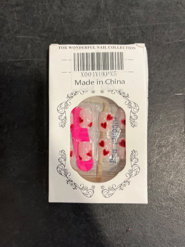 Photo 1 of Valentines Press on Nails Short Square Fake Nails Cute False Nails with Polka Dots Red Heart Designs Nude Pink Glue on Nail Petite Acrylic Nails for Women Girls 24Pcs