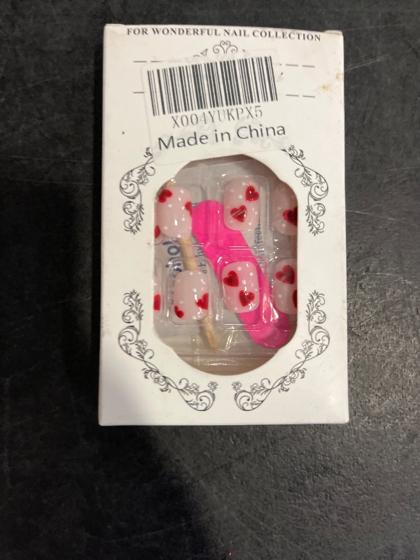 Photo 1 of Valentines Press on Nails Short Square Fake Nails Cute False Nails with Polka Dots Red Heart Designs Nude Pink Glue on Nail Petite Acrylic Nails for Women Girls 24Pcs