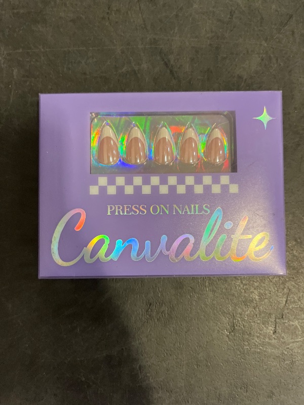 Photo 1 of Canvalite Chrome French Tip Press On Nails Short Almond Reusable Acrylic Fake Nails with Glue & Glue Remover Easy to Use 30Pcs Manicure Kit for Women, Natural White