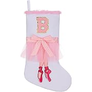 Photo 1 of 17" Personalized Letter Ballet Christmas Stocking,Bow&Embroidery | White velvet ballet stocking w/feather trim & pink bow,Holiday decor for mantel/gifting-Initial B