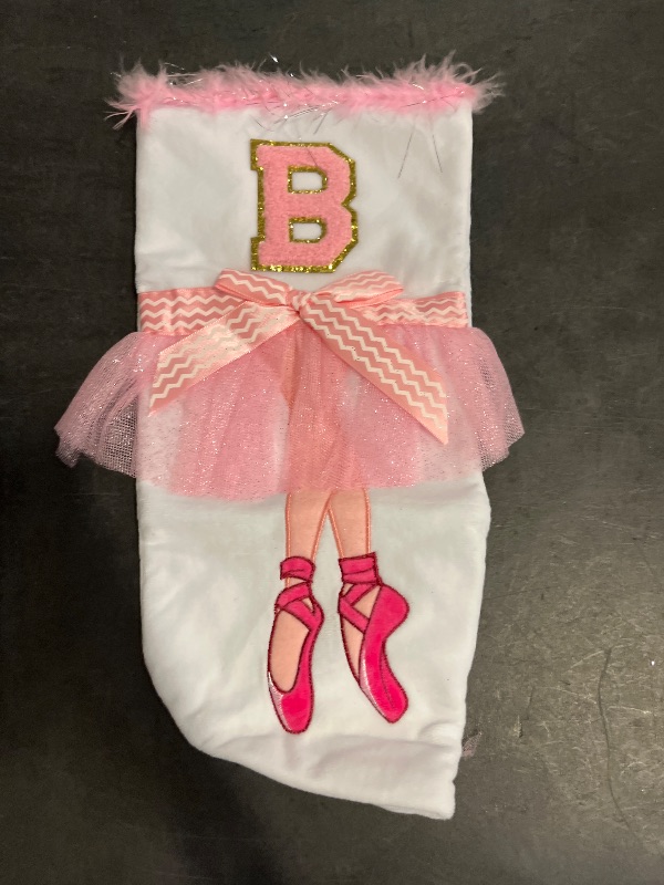 Photo 1 of 17" Personalized Letter Ballet Christmas Stocking,Bow&Embroidery | White velvet ballet stocking w/feather trim & pink bow,Holiday decor for mantel/gifting-Initial B