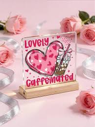 Photo 1 of 1Pc Valentines Day Decorations, Valentines Day Gifts For Her Him, Gift For Boyfriend Girlfriend, Pink Heart Bow Coffee Acrylic Sign For Anniversary Home Bedroom Office Shelf Desk Decor 4x4 Inch