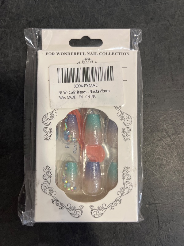 Photo 1 of French Tip Nails Medium Coffin Shaped Blue Purple Gradient False Nails with Glitter, Shiny Rhinestone Acrylic Finish, 24pcs