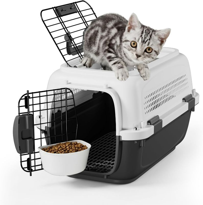 Photo 1 of 19.5 Inches 2-Door Hard Cat Carrier with Bowl, Grey | Top Loading, Plastic Hard-Sided Dog Crate, For Small Dogs and Cats up to 20lbs, Ventilation and Security Lock Design