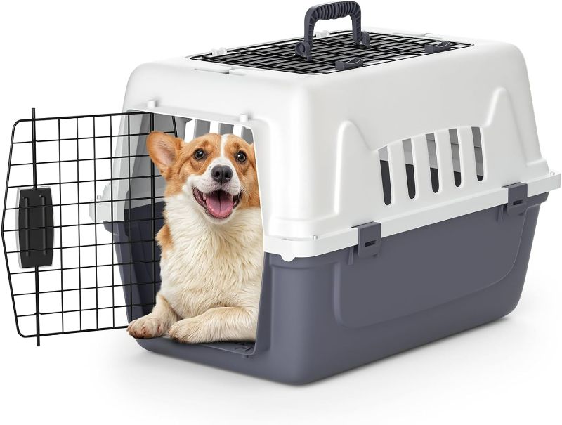 Photo 1 of 22-Inch Dog Crate Plastic 2-Door Top Loading Cat Carrier, Hard-Sided Dog Travel Carrier for Small Dogs and Cats, Ventilation and Security Lock Design for Pets up to 22 lbs (Grey)