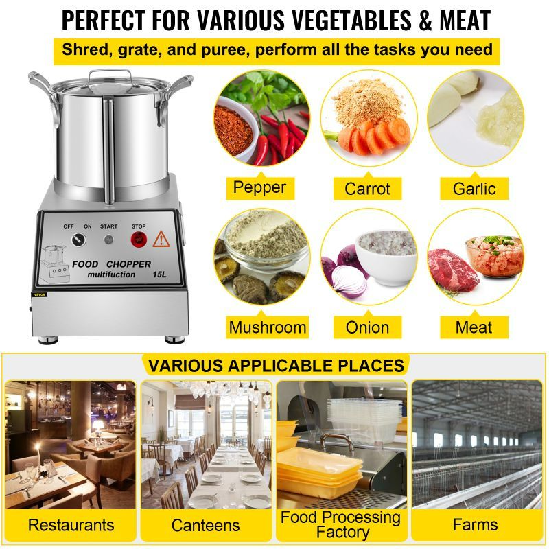 Photo 1 of VEVOR 110V Commercial Food Processor 15L Stainless Steel Grain Grinder 1400W Electric Food Grinder Cutter Mixer Perfect for Meat or Vegetable Stuffing, Fruit or Peanut Jam, Grain Powder
