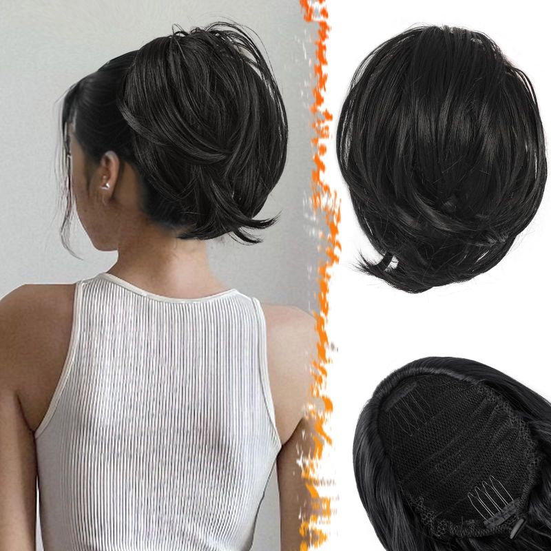 Photo 1 of BARSDAR Drawstring Hair Bun Extensions - Straight Black Hair Bun Extensions for Women - Short Straight Ponytail Hair Bun Synthetic Bun Hair Scrunchies Hairpieces Daily - Natural Black