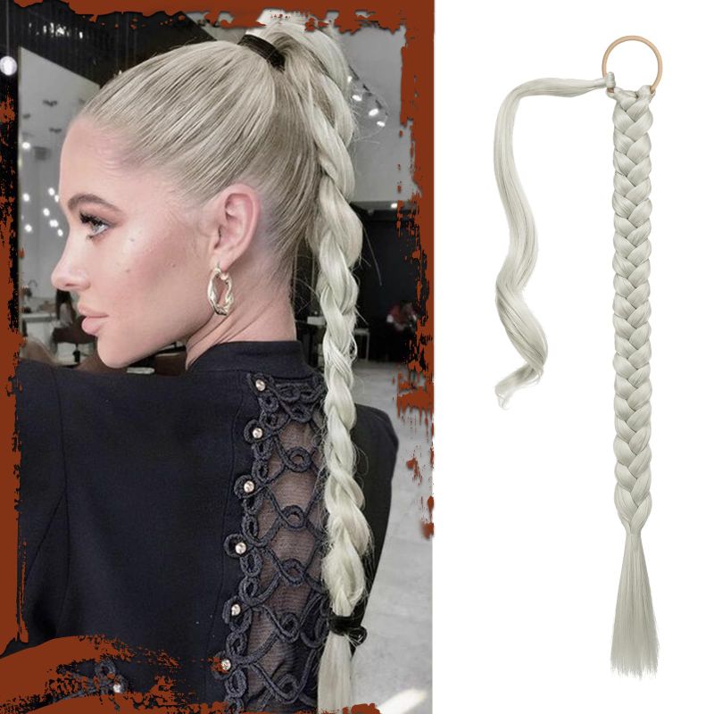 Photo 1 of SOFEIYAN Long Braid Ponytail Extension with Hair Tie Straight Sleek Wrap Around Hair Extensions Braid Pony Tail Fluffy Natural Soft Synthetic Hairpieces for Women Daily Wear, 26 inch-Silver Mist Grey