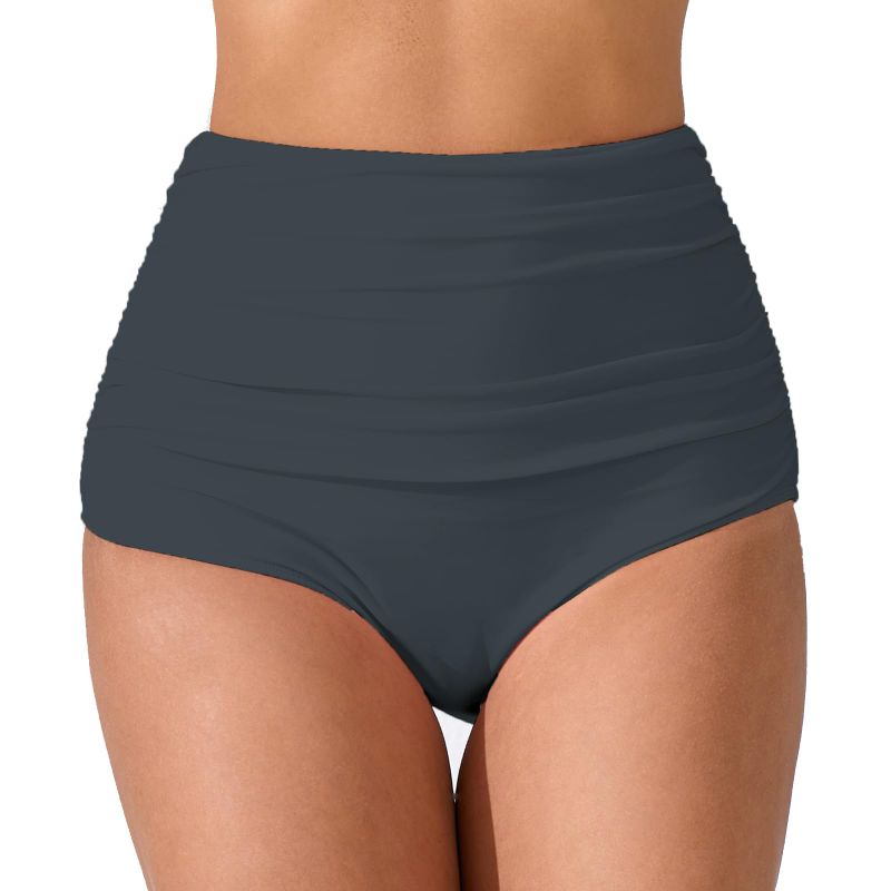View 1 of (M) JOYBIK Women’s High Waisted Full Ruched Bikini Swimsuit Bottoms Tummy Control Full Coverage Bathing Suit Bottoms Grey M