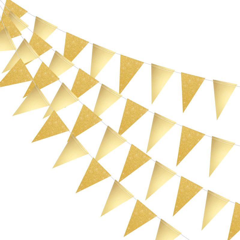 Photo 1 of 39 Ft Double Sided Glitter Metallic Paper Triangle Flag Pennant Bunting Banner for Wedding Birthday Holiday Festivals Anniversary Bridal Shower Hen Party Theme Party Decorations Supplies(Gold)