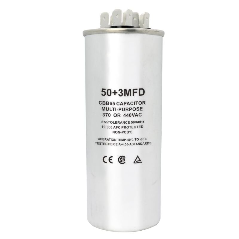 Photo 1 of CBB65 Round Dual Run Circular Start Capacitor, 50 + 3 uF/MFD ±5% 370V/440VAC Combination Capacitor for Compressor AC Motor Run Fan Start Condenser Straight Cool/Heat (50 + 3 uf)