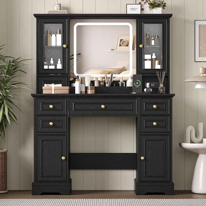 Photo 1 of HUANLEGO Farmhouse Makeup Vanity Desk with Mirror and LED Lights, Black | Vanity Mirror with Lights Desk for Women, Makeup Table Set with RGB Cabinet and 6 Drawers, Charging Station, 3 Light Modes