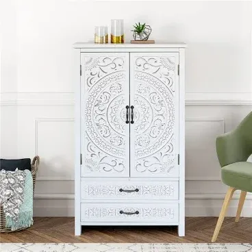 Photo 1 of LOVMOR Accent Tall Tower White Storage Cabinet Rustic Wood with two doors and two drawers